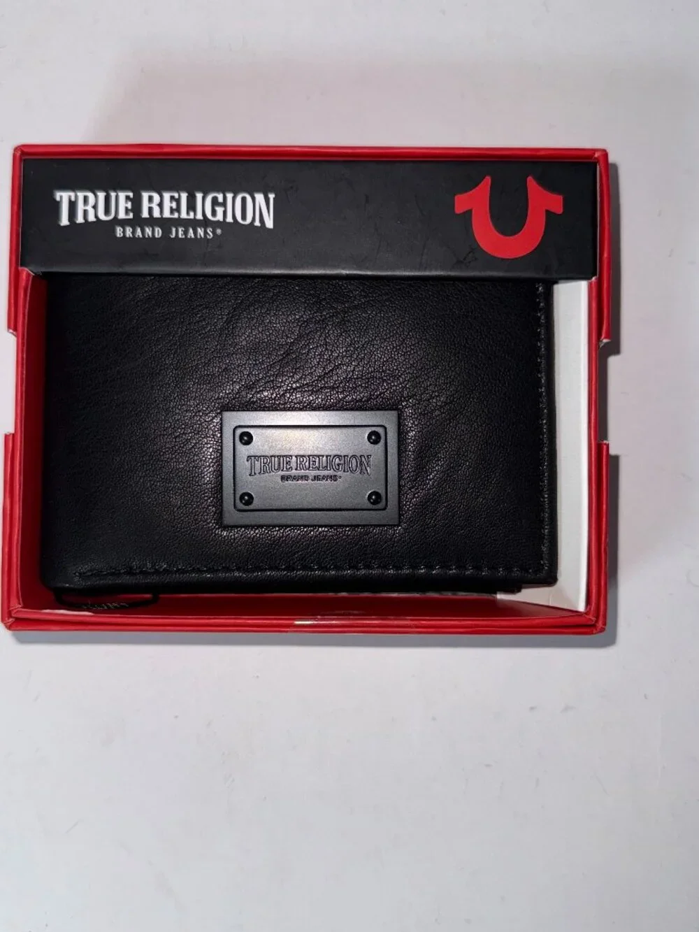 TRUE RELIGION Black Leather Bifold Wallet Logo Boxed RFID Gift for Men NWT